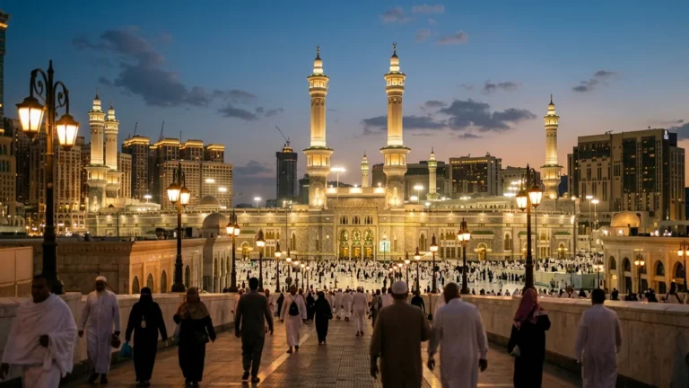 Makkah makkah skyline haram evening for April 3 Star 10 Nights Umrah Packages
