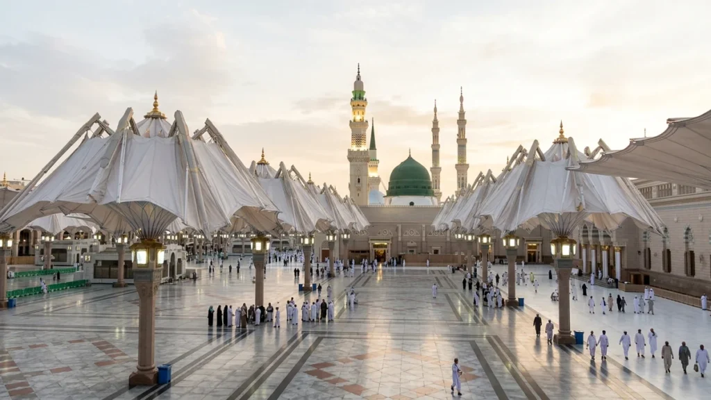Madinah madinah nabawi umbrellas morning for April 3 Star 7 Nights Umrah Packages