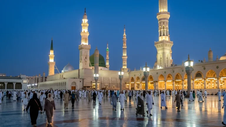 Madinah madinah nabawi minarets blue hour for April 4 Star 12 Nights Umrah Packages