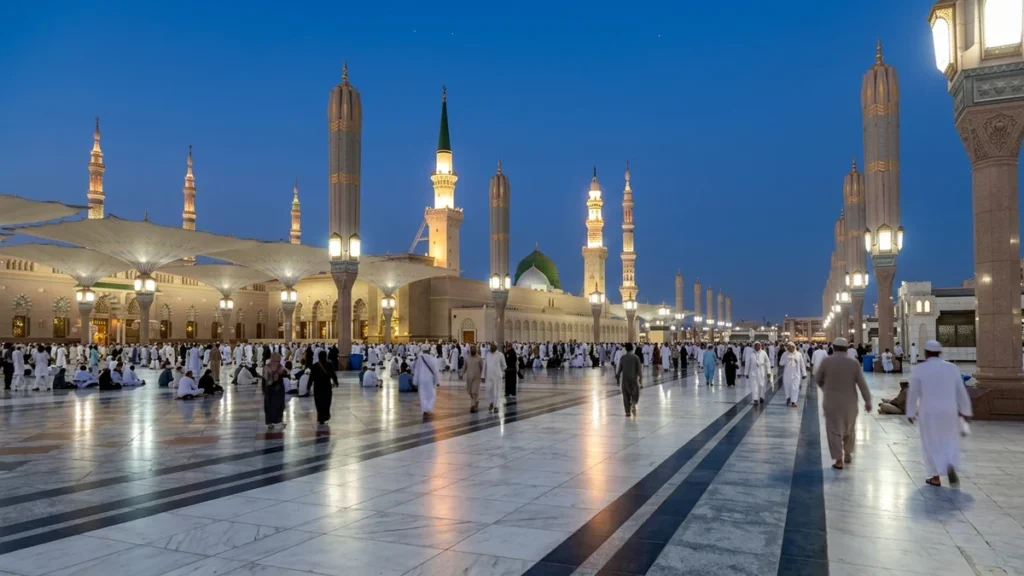 Madinah madinah nabawi minarets blue hour for February 3 Star 12 Nights Umrah Packages