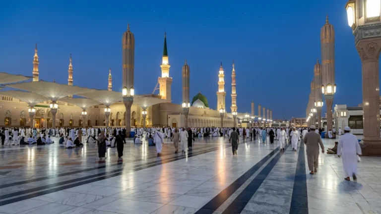 Madinah madinah nabawi minarets blue hour for February 3 Star 12 Nights Umrah Packages