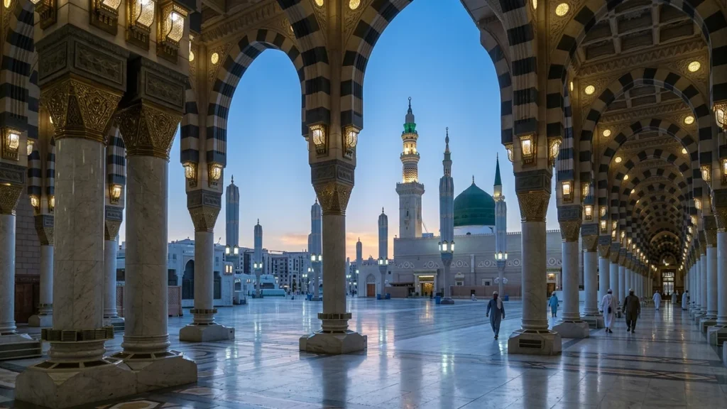 Madinah madinah arcade courtyard dawn for February 4 Star 12 Nights Umrah Packages