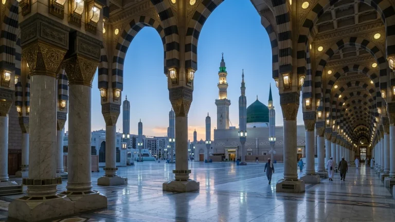 Madinah madinah arcade courtyard dawn for February 4 Star 12 Nights Umrah Packages