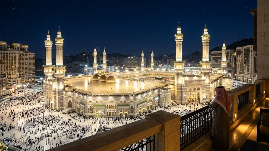 Makkah makkah haram minarets night for February 5 Star 10 Nights Umrah Packages