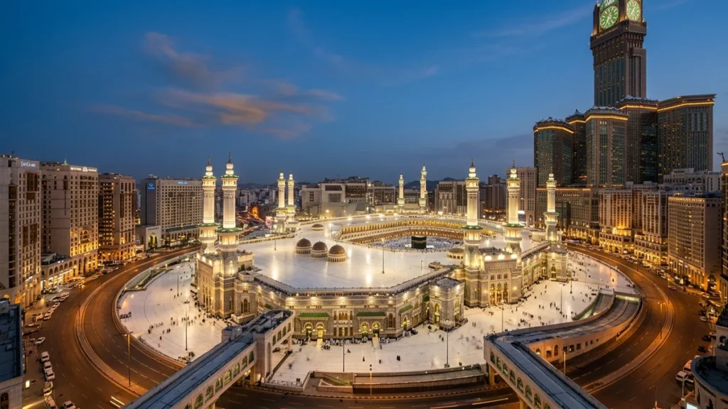 Makkah makkah skyline haram evening for February 5 Star 14 Nights Umrah Packages