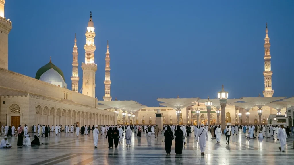 Madinah madinah nabawi minarets blue hour for Glasgow 4 Star 12 Nights Umrah Packages