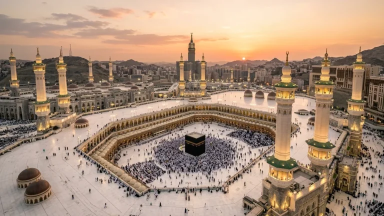 Makkah makkah haram aerial sunset for Glasgow 5 Star 12 Nights Umrah Packages