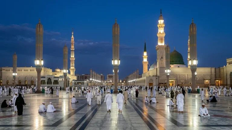 Madinah madinah nabawi minarets blue hour for January 4 Star 14 Nights Umrah Packages