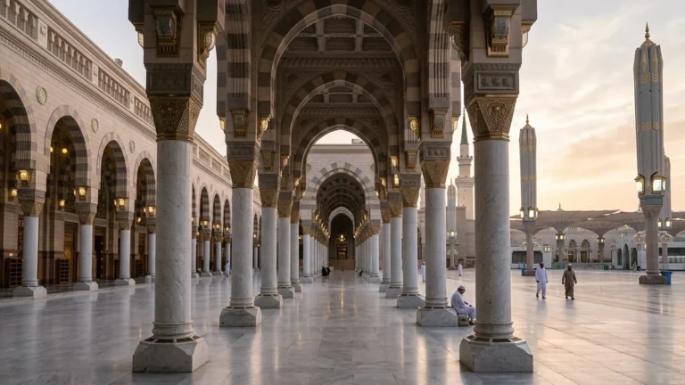 Madinah madinah arcade courtyard dawn for January 5 Star 12 Nights Umrah Packages