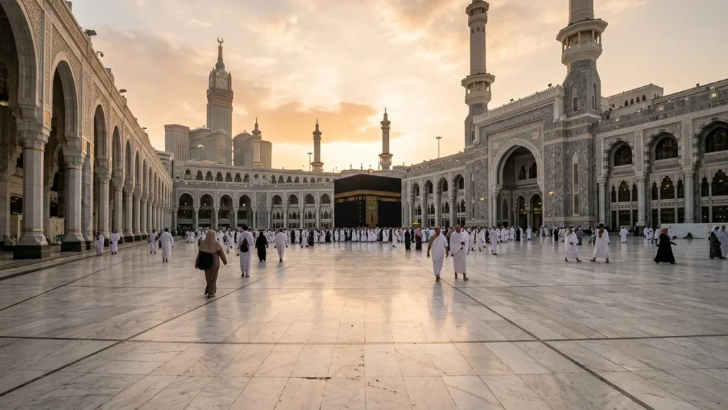 Makkah makkah marble courtyard morning for July 4 Star 12 Nights Umrah Packages