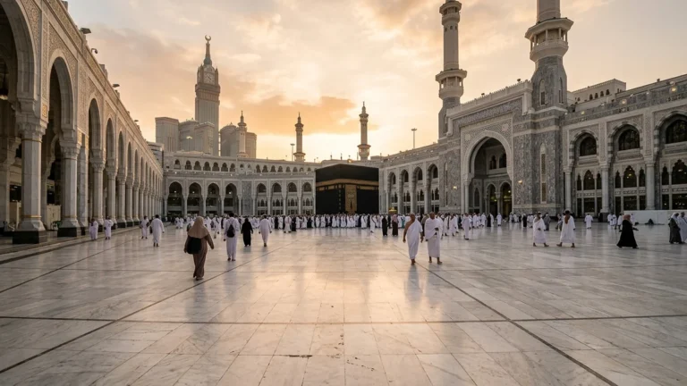Makkah makkah marble courtyard morning for July 4 Star 12 Nights Umrah Packages