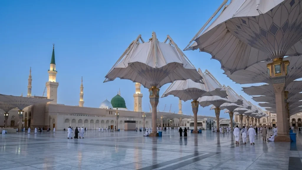 Madinah madinah nabawi umbrellas morning for July 4 Star 14 Nights Umrah Packages