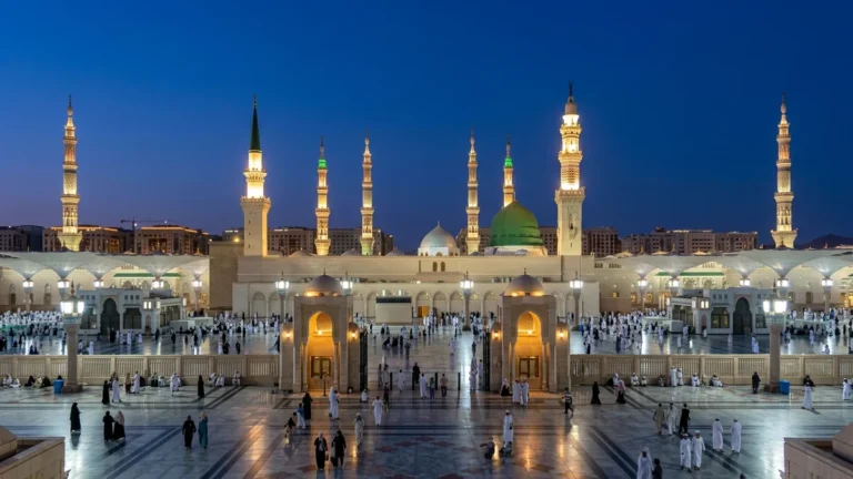 Madinah madinah nabawi minarets blue hour for July 5 Star 10 Nights Umrah Packages