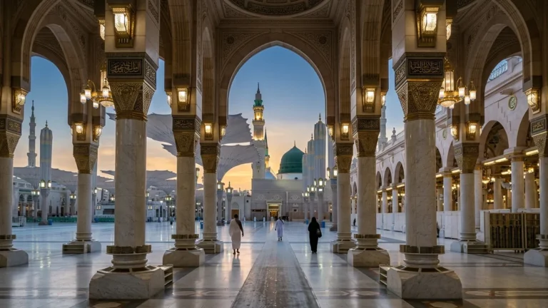 Madinah madinah arcade courtyard dawn for July 5 Star 7 Nights Umrah Packages