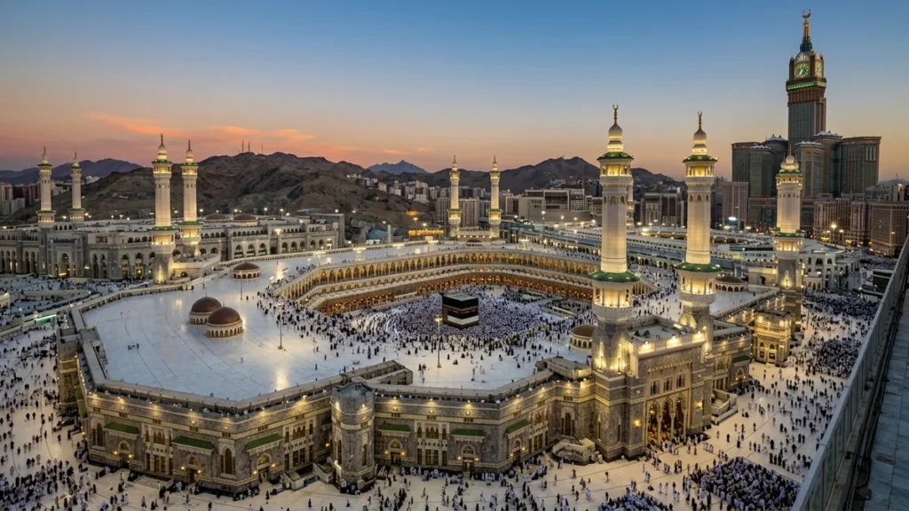 Makkah makkah haram aerial sunset for June 3 Star 10 Nights Umrah Packages