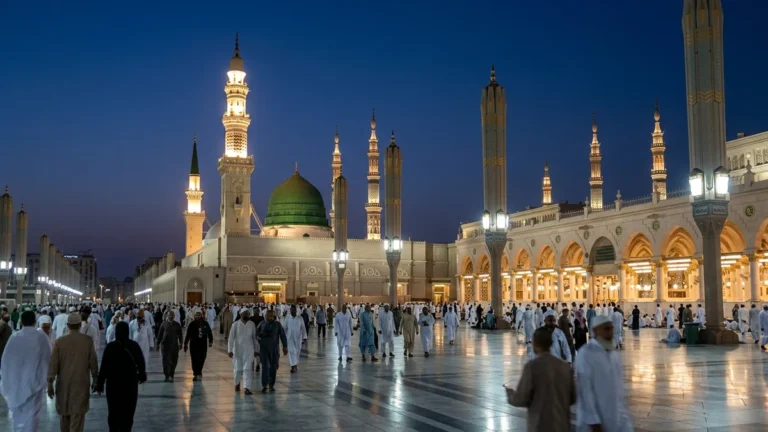 Madinah madinah nabawi minarets blue hour for June 5 Star 12 Nights Umrah Packages