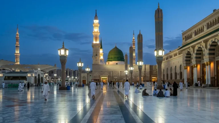 Madinah madinah nabawi minarets blue hour for Manchester 3 Star 12 Nights Umrah Packages