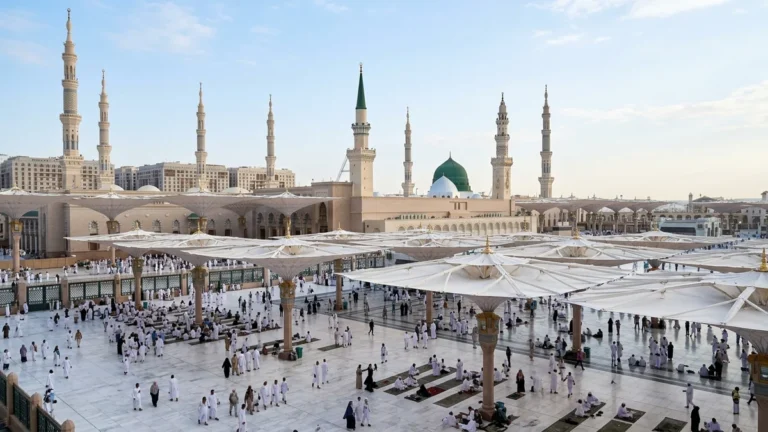 Madinah madinah nabawi umbrellas morning for March 3 Star 12 Nights Umrah Packages