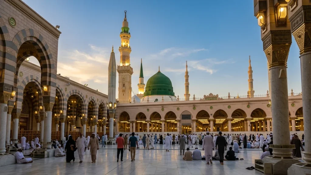 Madinah madinah green dome golden hour for March 3 Star 7 Nights Umrah Packages