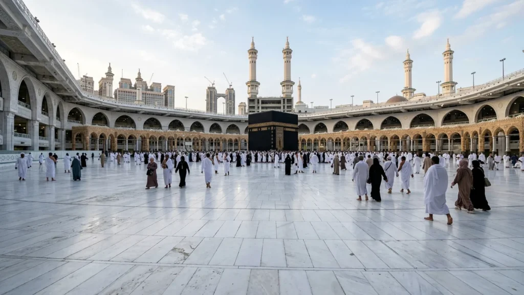 Makkah makkah marble courtyard morning for May 3 Star 12 Nights Umrah Packages