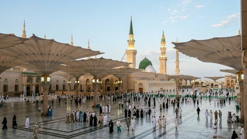 Madinah madinah nabawi umbrellas morning for May 3 Star 7 Nights Umrah Packages
