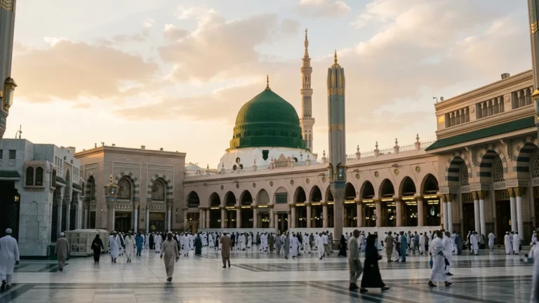 Madinah madinah green dome golden hour for May 4 Star 10 Nights Umrah Packages