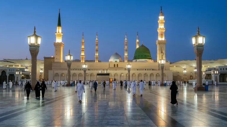 Madinah madinah nabawi minarets blue hour for May 4 Star 12 Nights Umrah Packages