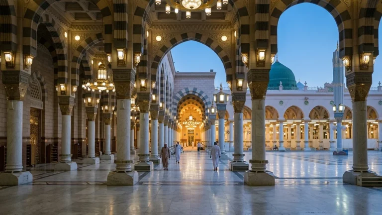 Madinah madinah arcade courtyard dawn for May 5 Star 10 Nights Umrah Packages
