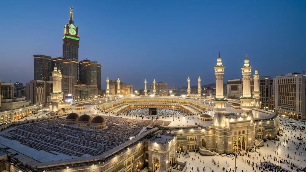 Makkah makkah skyline haram evening for October 3 Star 7 Nights Umrah Packages