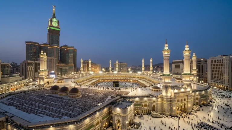 Makkah makkah skyline haram evening for October 3 Star 7 Nights Umrah Packages