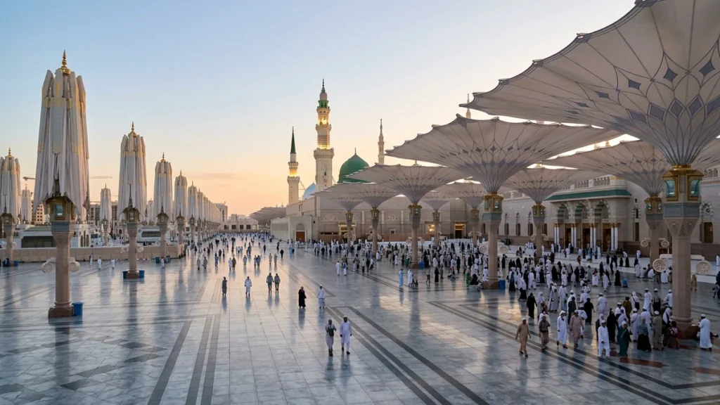Madinah madinah nabawi umbrellas morning for October 4 Star 14 Nights Umrah Packages