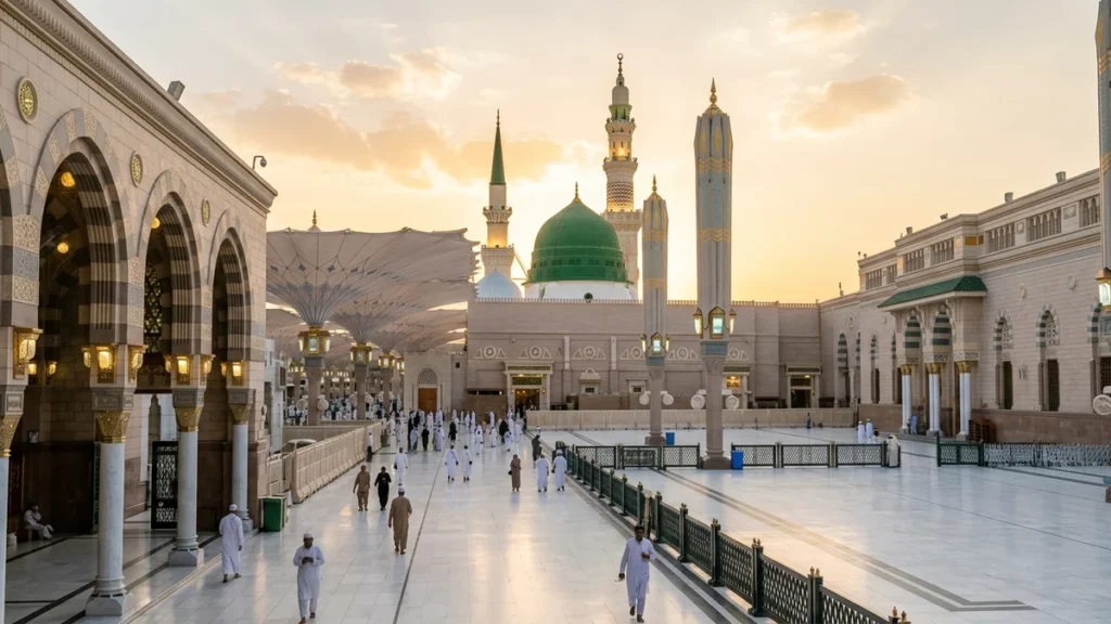 Madinah madinah green dome golden hour for October 4 Star 7 Nights Umrah Packages