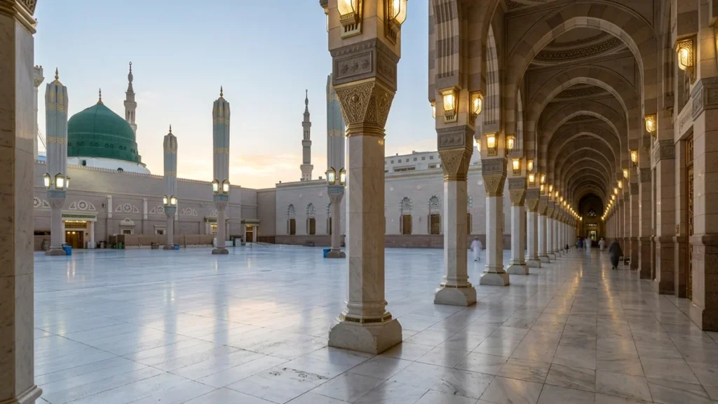 Madinah madinah arcade courtyard dawn for October 5 Star 7 Nights Umrah Packages