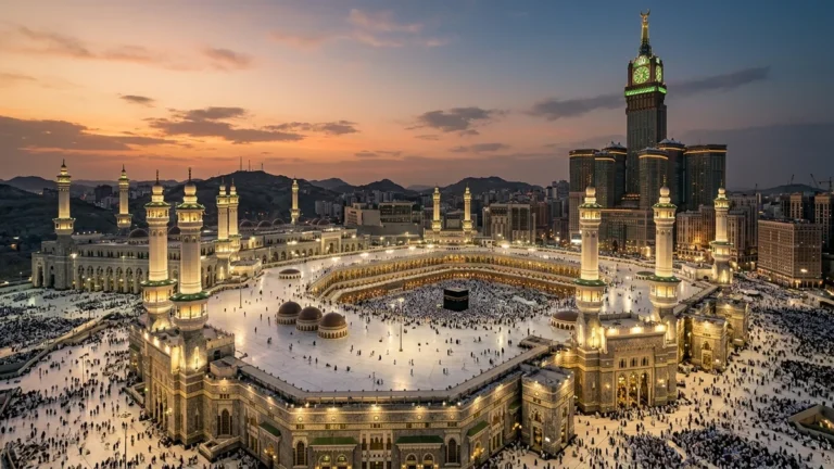 Makkah makkah haram aerial sunset for September 3 Star 12 Nights Umrah Packages