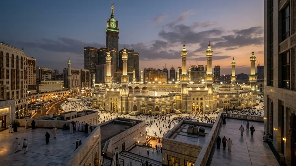 Makkah makkah skyline haram evening for September 4 Star 7 Nights Umrah Packages