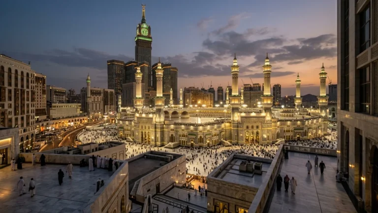 Makkah makkah skyline haram evening for September 4 Star 7 Nights Umrah Packages
