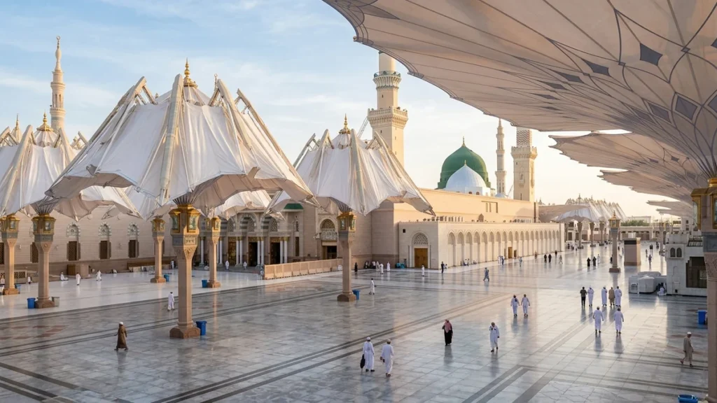 Madinah madinah nabawi umbrellas morning for September 5 Star 12 Nights Umrah Packages